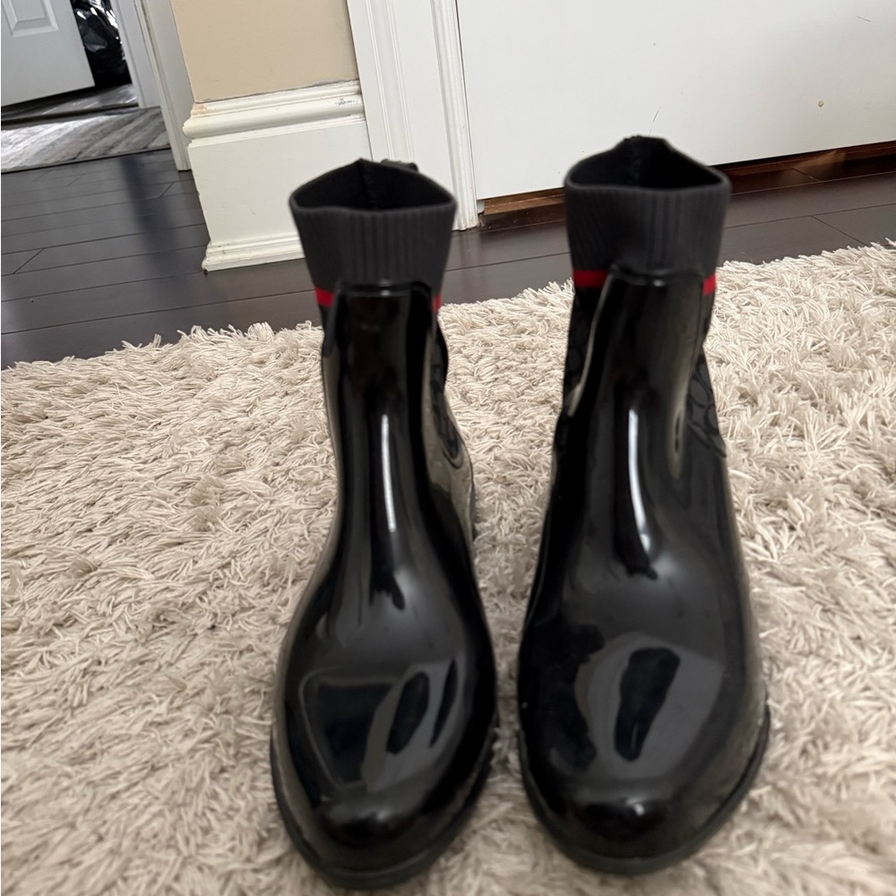Coach Black Glossy Rain Boots with Red Stripe - Picture 2 of 3